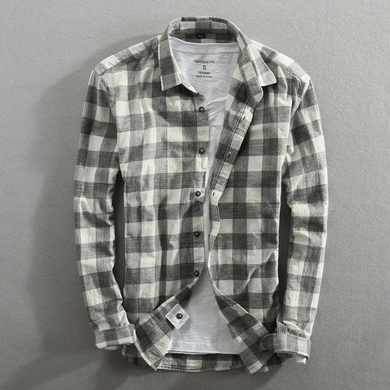 Vintage Plaid Long Sleeve Slim Fit Cotton Shirt