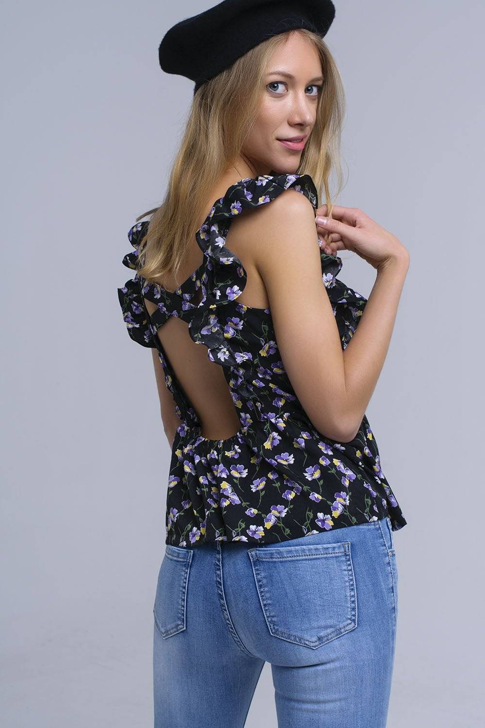 Black Crossed - Back Shirt with Ruffles – Flake - Free Style with a Feminine Touch - Flaykr