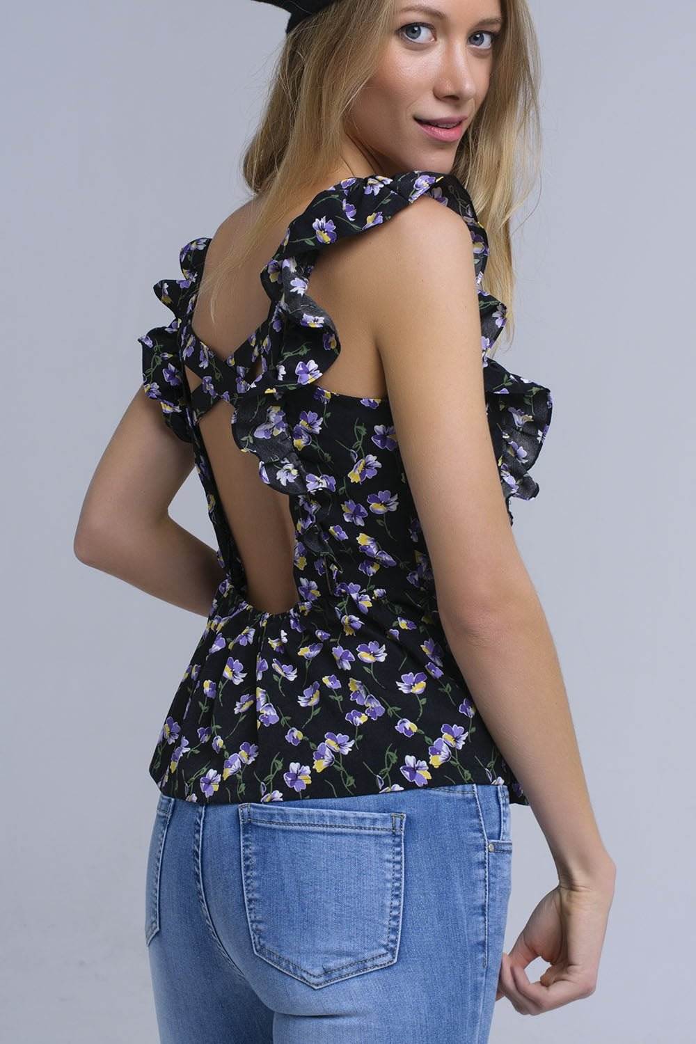 Black Crossed - Back Shirt with Ruffles – Flake - Free Style with a Feminine Touch - Flaykr