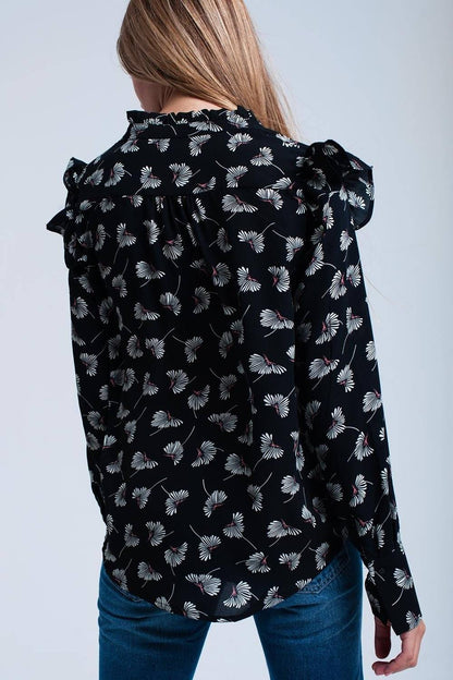 Black Floral Print Long Sleeve Shirt – Effortless Style - Flaykr