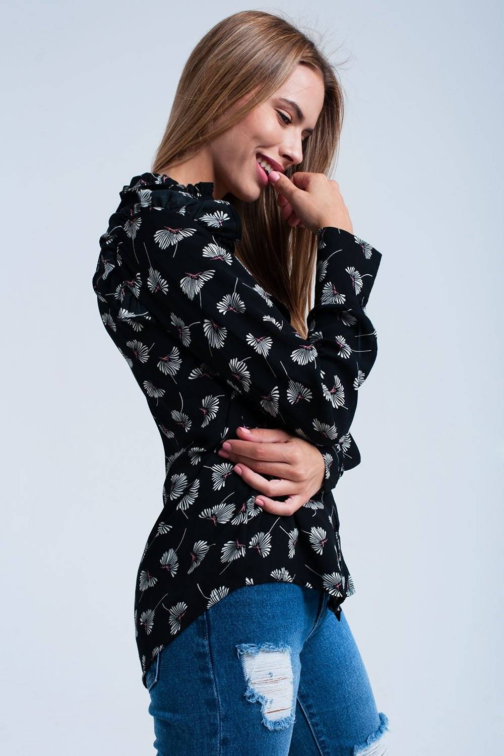 Black Floral Print Long Sleeve Shirt – Effortless Style - Flaykr