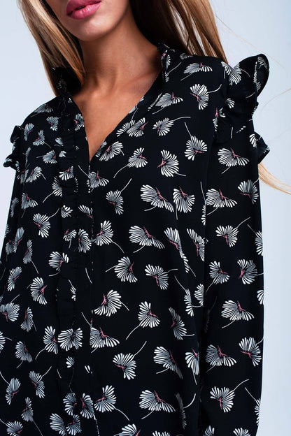 Black Floral Print Long Sleeve Shirt – Effortless Style - Flaykr