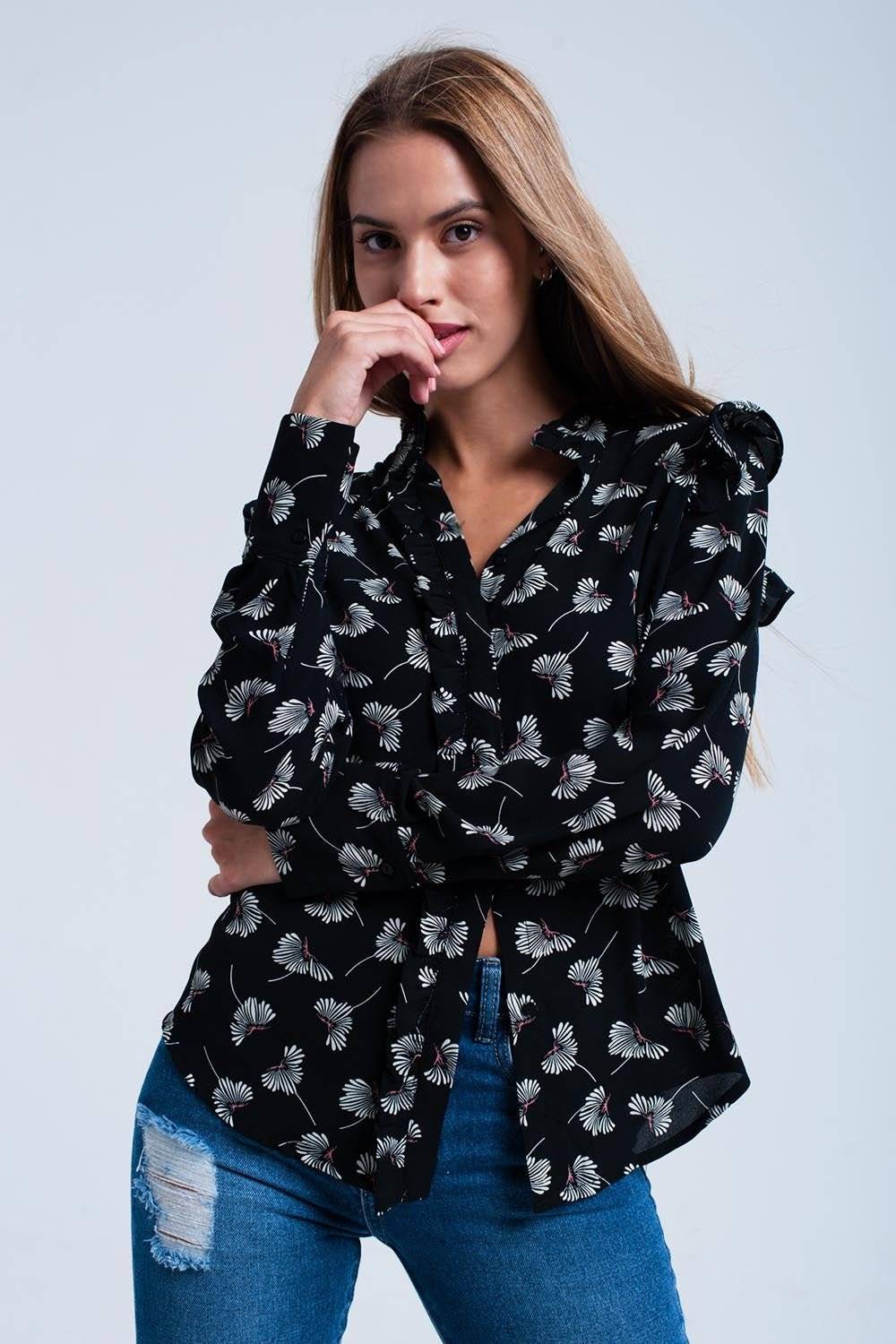 Black Floral Print Long Sleeve Shirt – Effortless Style - Flaykr