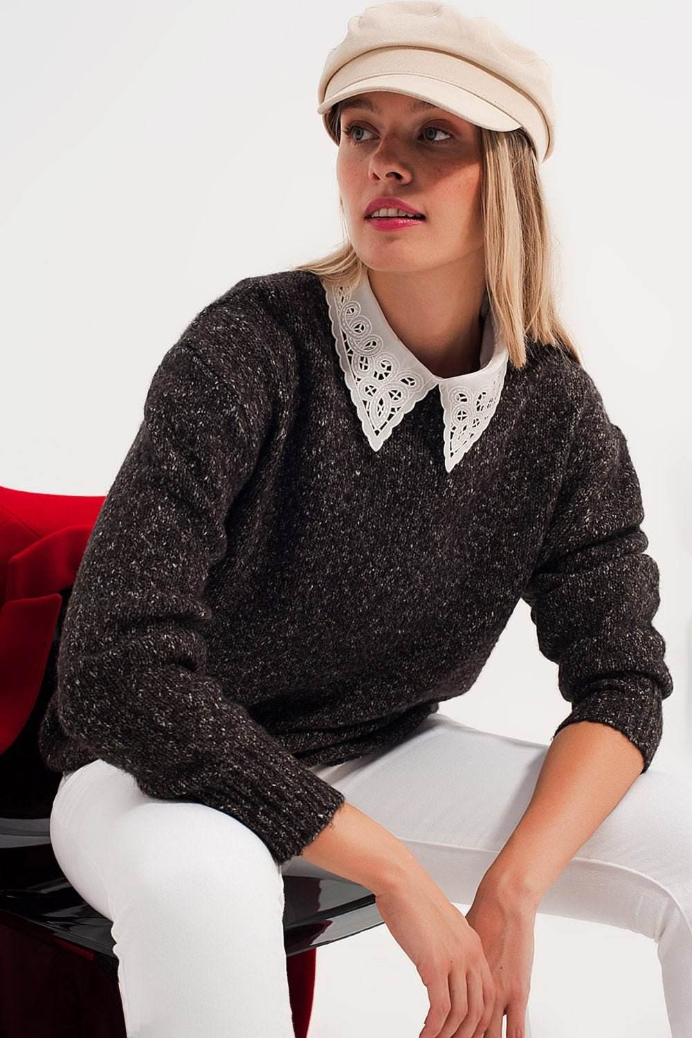 Black Sweater With Round Collar - Flaykr