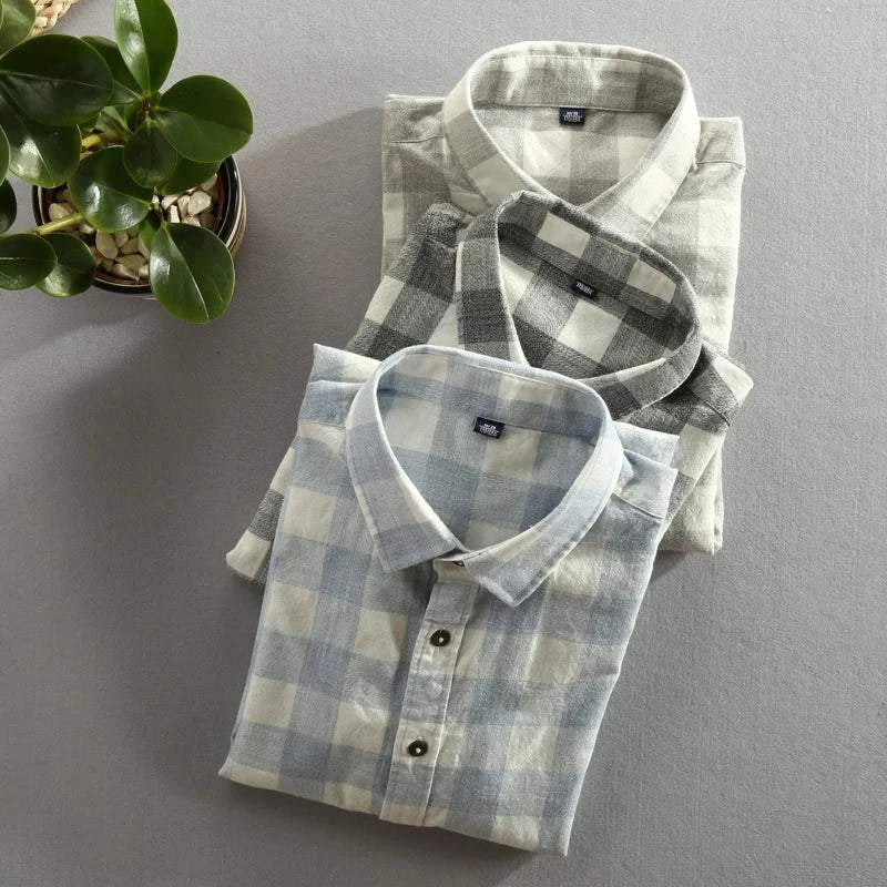 Vintage Plaid Long Sleeve Slim Fit Cotton Shirt